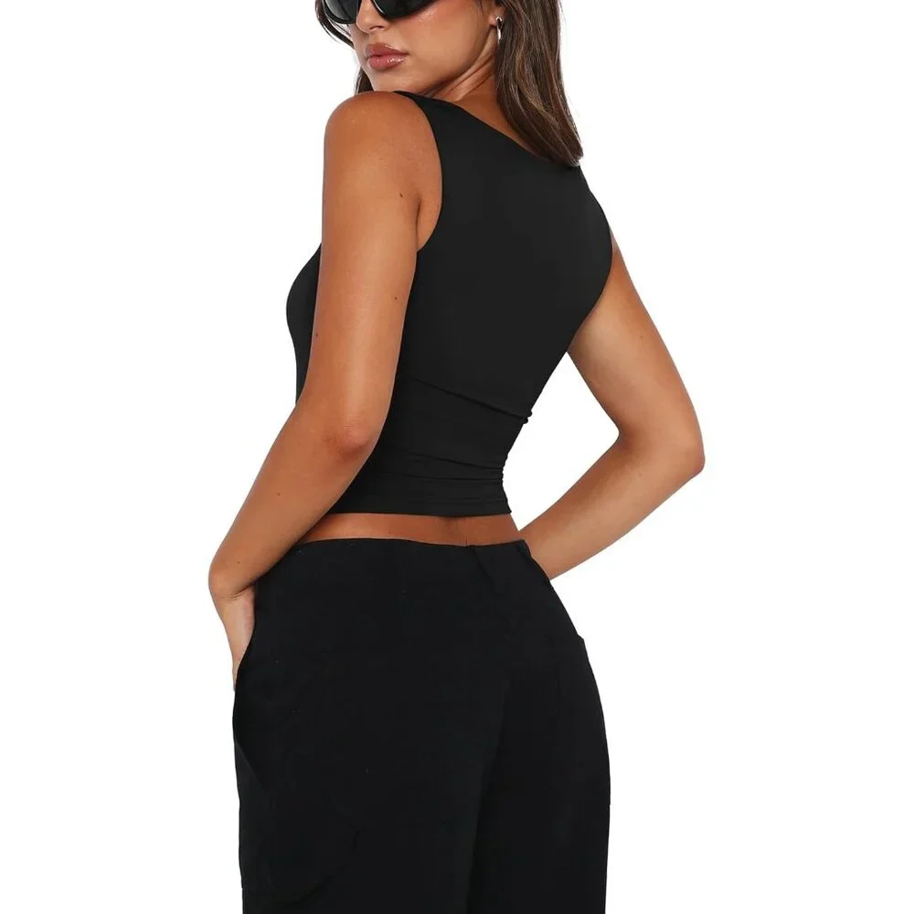 Butsmooth Women's Square Neck Going Out Crop Tops Double Lined Cute Basic Tank T - Picture 2 of 6